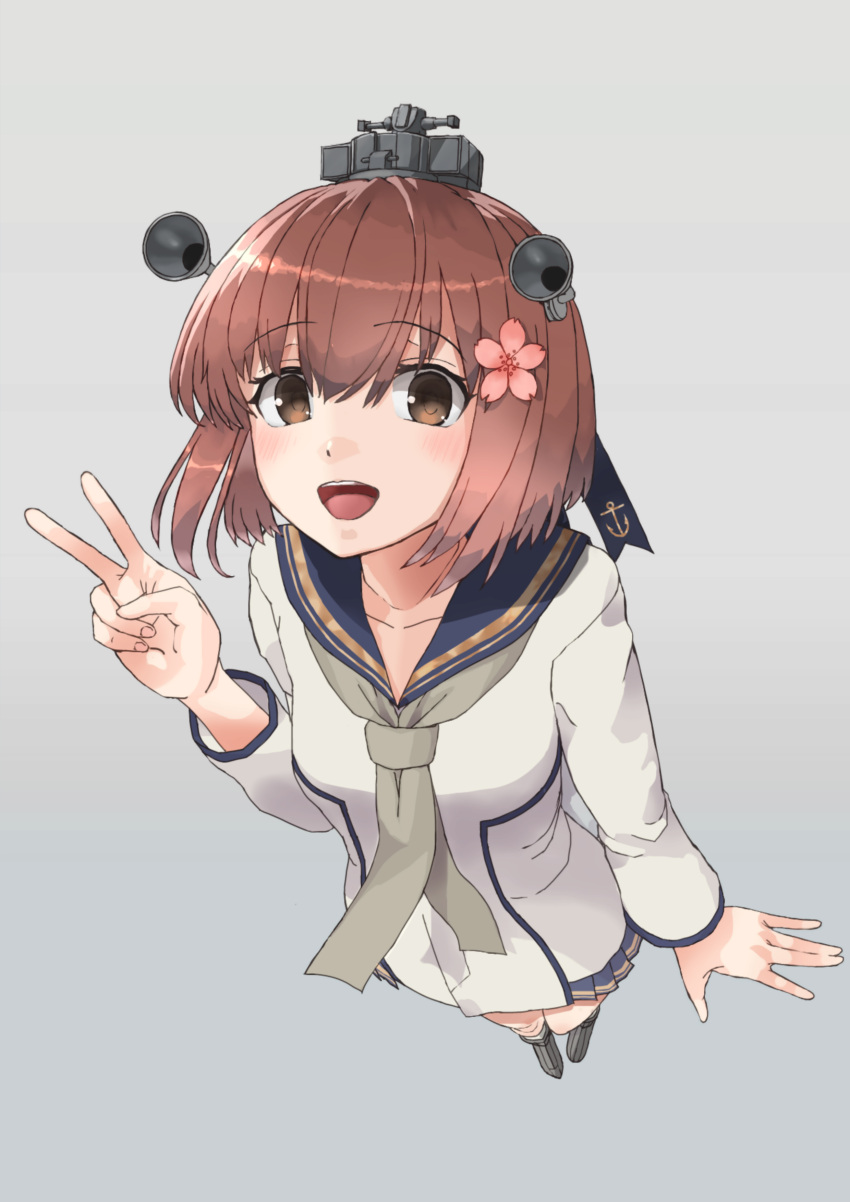 1girl absurdres breasts brown_eyes brown_hair cherry_blossoms dress flower from_above grey_neckerchief hair_flower hair_ornament highres kantai_collection long_sleeves neckerchief open_mouth round_teeth sailor_dress short_hair small_breasts solo speaking_tube_headset teeth upper_teeth_only v white_dress yukikaze_(kancolle) yukikaze_kai_ni_(kancolle) yuushou