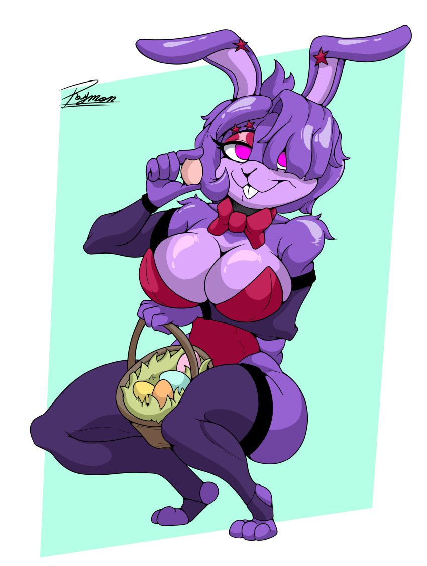 5_fingers absurd_res anthro arm_tuft basket big_breasts bonnie_(cally3d) bonnie_(fnaf) bow_tie breasts bunny_costume clothing container costume cuff_(restraint) easter easter_egg eyebrows female fingers five_nights_at_freddy's fredina's_nightclub fur hair hair_over_eye hi_res holding_basket holding_container holding_object holidays lagomorph leporid looking_at_viewer mammal one_eye_obstructed purple_body purple_eyes purple_fur purple_hair rabbit restraints reymonrr scottgames short_hair shoulder_tuft smile smiling_at_viewer solo tail tuft wrist_cuffs