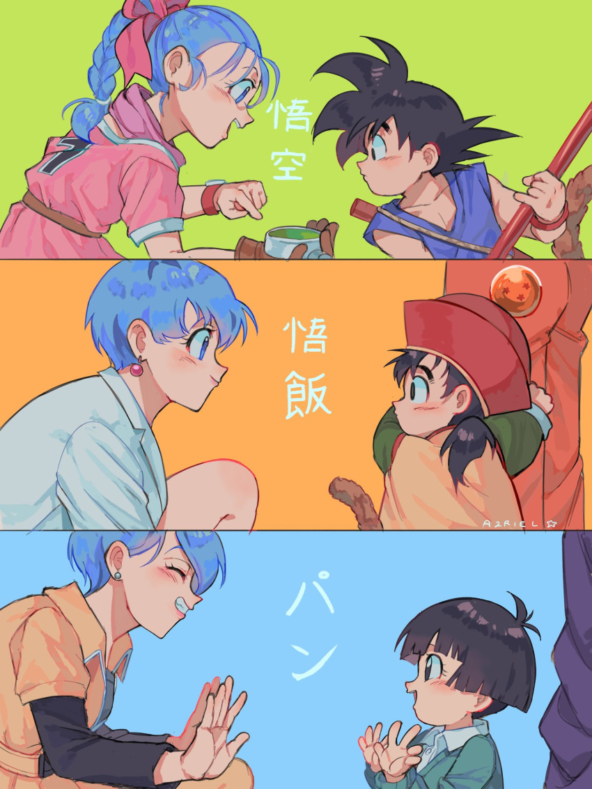 2boys 2girls age_progression black_hair blue_background blue_hair bo_staff bow braid braided_ponytail bulma dragon_ball dragon_ball_(classic) dragon_ball_(object) dragon_ball_super dragon_ball_super_super_hero dragon_ball_z english_commentary father_and_daughter father_and_son green_background hair_bow hat highres kneeling looking_at_another meteorstaar monkey_tail multiple_boys multiple_girls orange_background pan_(dragon_ball) ruyi_jingu_bang short_hair short_ponytail simple_background smile son_gohan son_goku spiked_hair tail translation_request