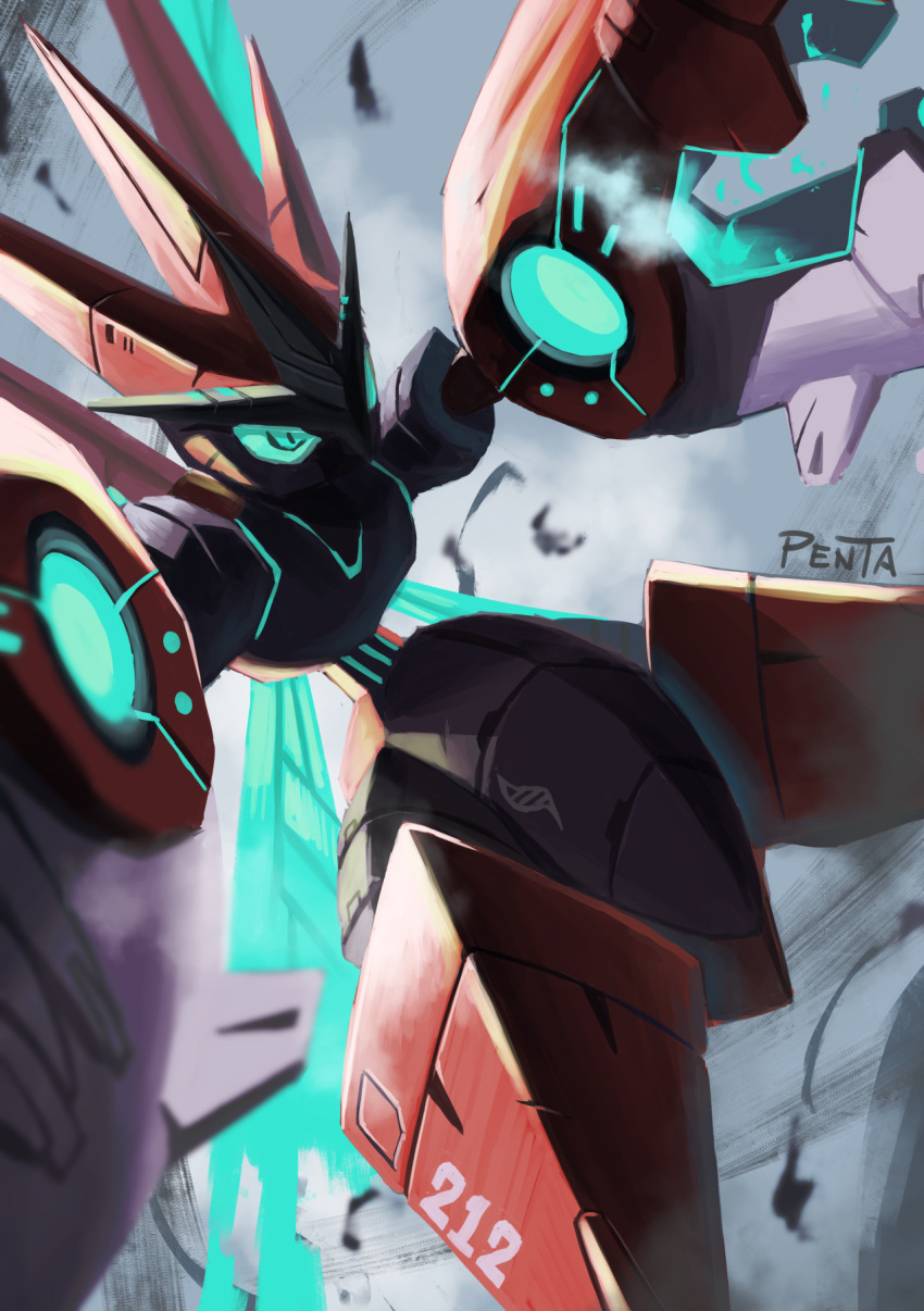 artist_name blue_eyes claws colored_skin glowing glowing_eyes highres mecha neon_trim outstretched_arms penta_oekaki pokemon pokemon_(creature) red_skin robot scizor shaded_face solo