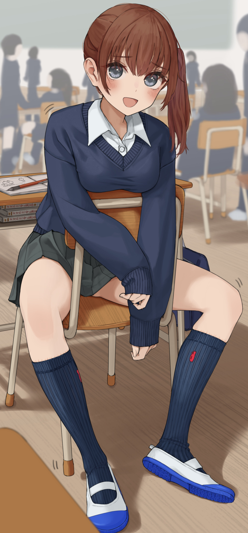 1girl absurdres blue_cardigan blue_socks blurry blurry_background book breasts brown_hair cardigan classroom collared_shirt commentary_request desk grey_eyes grey_skirt highres indoors kopaka_(karda_nui) looking_at_viewer medium_breasts multiple_others on_chair open_mouth original pen pleated_skirt ribbed_socks school_desk shirt shoes side_ponytail sitting sitting_backwards skirt sleeves_past_wrists smile socks solo_focus thighs uwabaki white_shirt