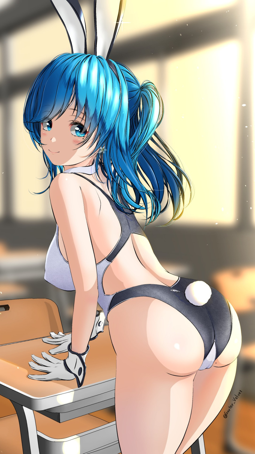 1girl aigami_shion animal_ears ass black_one-piece_swimsuit blue_eyes blue_hair blurry blurry_background breasts chair classroom commentary_request competition_swimsuit covered_nipples desk garter-velvet gloves highres long_hair looking_at_viewer medium_breasts one-piece_swimsuit original playboy_bunny rabbit_ears rabbit_tail school_chair school_desk smile solo standing swimsuit tail thighs white_gloves white_one-piece_swimsuit wrist_cuffs