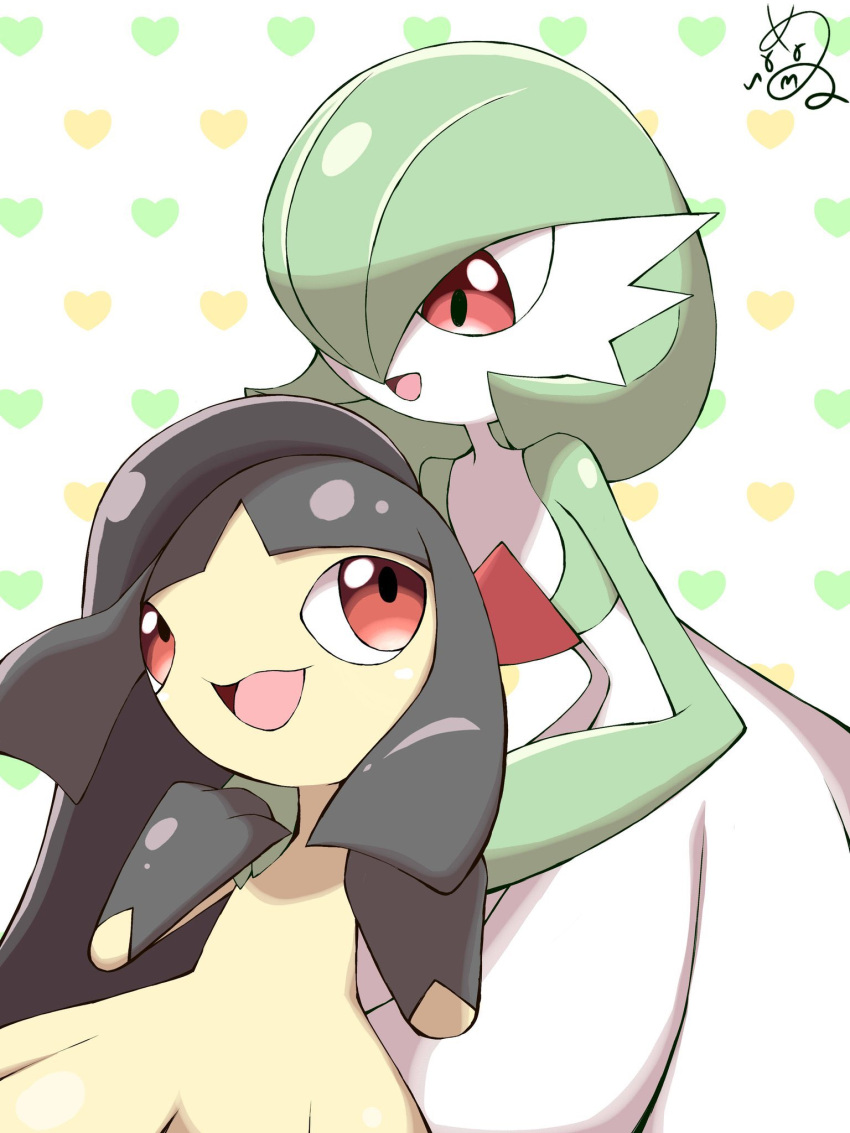 bob_cut colored_skin dress gardevoir green_hair hair_over_one_eye heart highres mawile multicolored_skin open_mouth pink_eyes pokemon pokemon_(creature) shabana_may signature smile two-tone_skin white_background white_dress white_skin yellow_skin