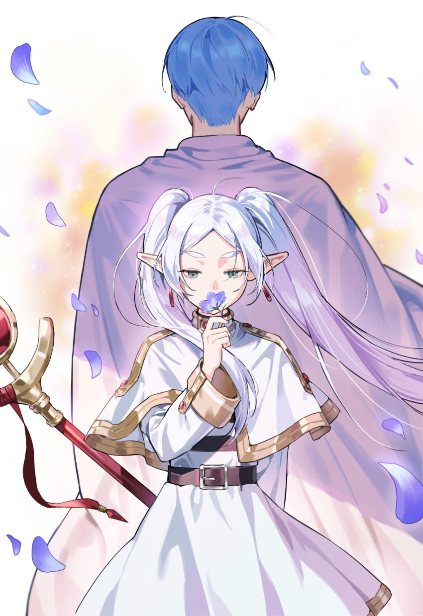 1boy 1girl arm_behind_back back-to-back belt capelet commentary dress earrings falling_petals flower frieren green_eyes grey_hair high_collar highres himmel_(sousou_no_frieren) holding holding_flower jewelry long_hair looking_down n2_00345 parted_bangs petals smelling_flower sousou_no_frieren staff teardrop_earrings thick_eyebrows twintails upper_body white_capelet white_dress