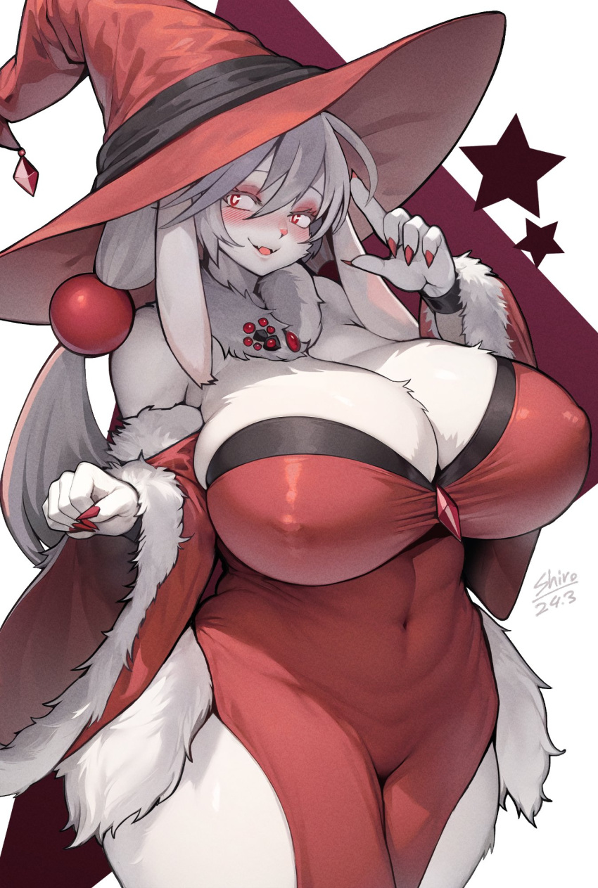 anthro big_breasts blush breasts character_request cleavage clothed clothing dress eyeshadow female fingernails fur glistening glistening_clothing grey_body grey_fur grey_hair hair hat headgear headwear hi_res huge_breasts lagomorph leporid looking_at_viewer magic_user makeup mammal nails navel navel_outline nipple_outline open_mouth pink_nose rabbit red_clothing red_dress red_eyes red_fingernails sharp_fingernails sharp_nails shirokoma simple_background smile solo standing star thick_thighs tight_clothing white_background wide_hips wide_sleeves witch witch_hat