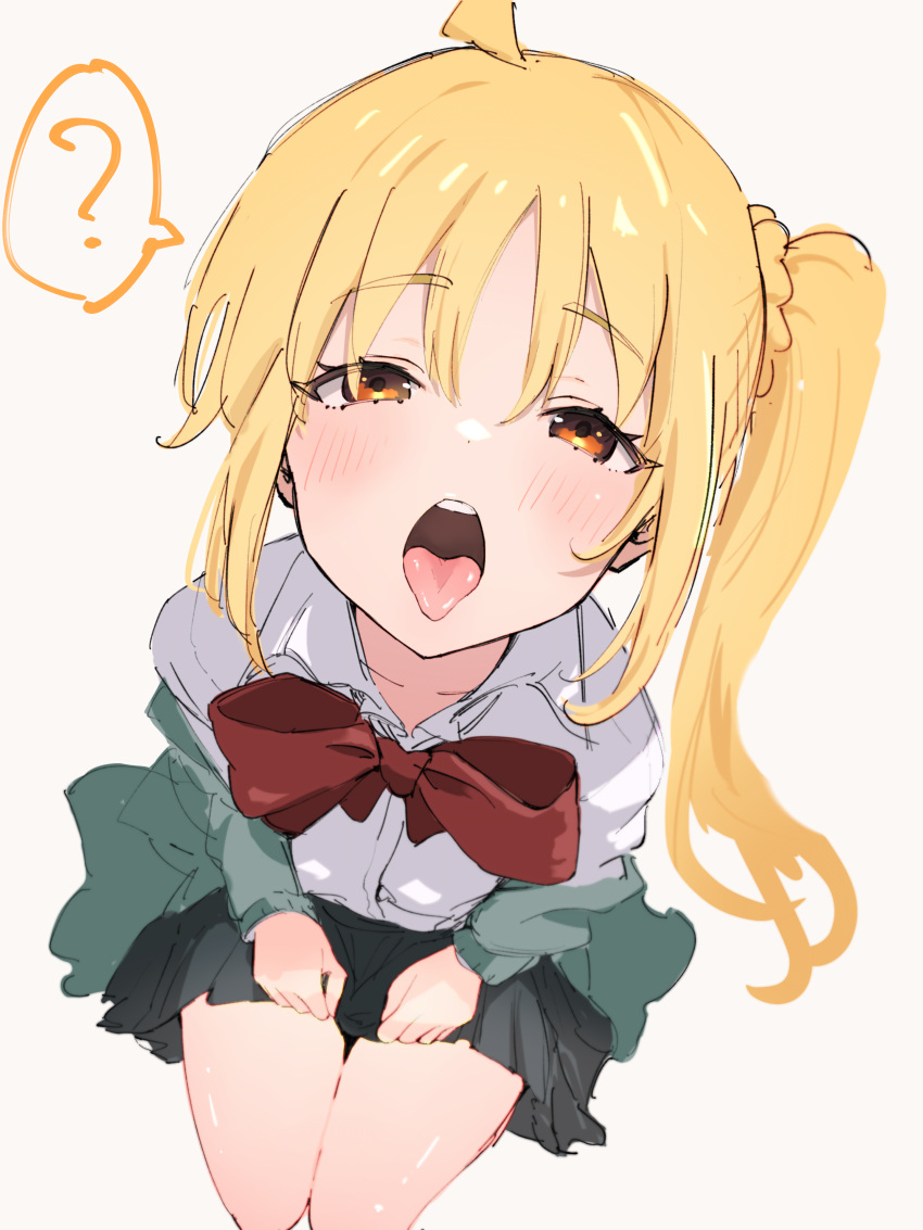 1girl ? absurdres black_skirt blonde_hair blush bocchi_the_rock! bow bowtie commentary_request from_above green_jacket highres ijichi_nijika jacket long_hair looking_at_viewer looking_up off_shoulder oral_invitation red_bow red_bowtie red_eyes seiza sexually_suggestive shirt side_ponytail simple_background sitting sketch skirt solo spoken_question_mark tongue tongue_out ukitaryu white_background white_shirt