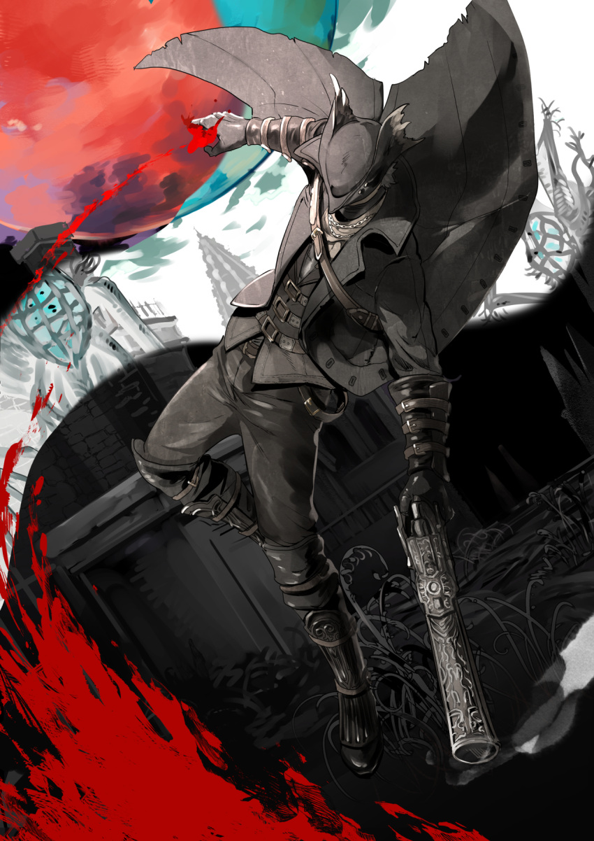 1other ambiguous_gender belt belt_buckle black_belt black_footwear black_gloves black_hat black_jacket black_mask black_pants blood bloodborne boots buckle commentary_request gloves gun hat highres holding holding_gun holding_weapon hunter_(bloodborne) jacket kero_1110 long_sleeves mask moon pants red_moon solo weapon