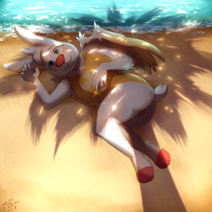 angel angel_gabby angel_hare angel_hare_(the_east_patch) animal_humanoid anthro beach beep! clothed clothing digital_media_(artwork) feathered_wings feathers female freckles fur hair hare hi_res humanoid lagomorph leporid light looking_at_viewer mammal mammal_humanoid outside rabbit relaxed_expression relaxing sand seaside shadow shoreline smile smiling_at_viewer solo sunlight swimwear tail water wet wings