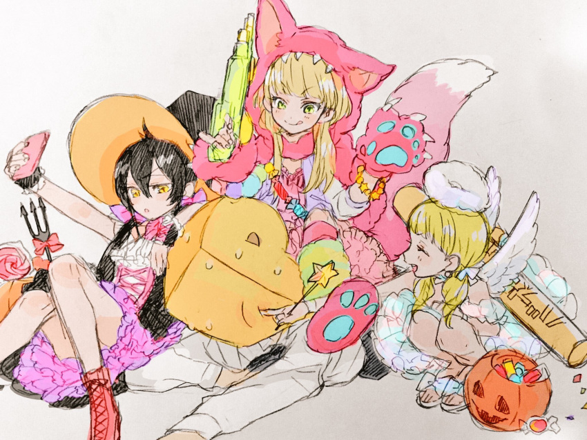 1boy 3girls :q angel angel_wings animal_hands black_hair blonde_hair closed_eyes dress fake_halo gacho_p gloves halloween halloween_costume halo hat highres idolmaster idolmaster_cinderella_girls jougasaki_mika mary_cochran matoba_risa multiple_girls p-head_producer paw_gloves producer_(idolmaster) pumpkin sitting sitting_on_person sketch smile squatting tongue tongue_out twintails wings witch_hat wolf_hood