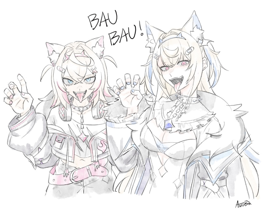 2girls animal_ear_fluff animal_ears belt biscuitaart blue_eyes breasts chain claw_pose cleavage collar crop_top dog_ears dog_girl fangs flat_chest fur_trim fuwawa_abyssgard fuwawa_abyssgard_(1st_costume) headphones headphones_around_neck highres hololive hololive_english large_breasts looking_at_viewer mococo_abyssgard mococo_abyssgard_(1st_costume) multiple_girls navel pants partially_colored pink_eyes siblings simple_background sisters tongue tongue_out twins white_background