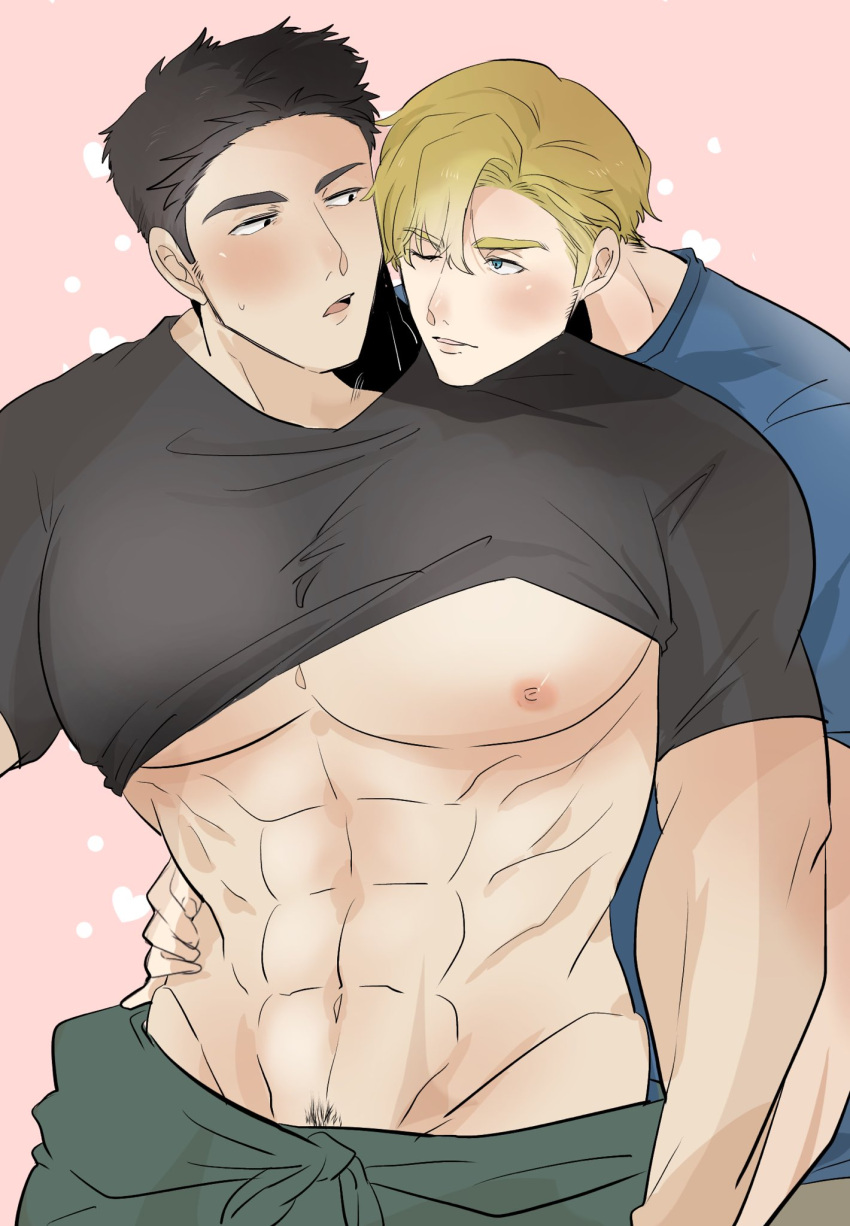 2boys abs alternate_pectoral_size ao_isami bara bare_pectorals black_hair blonde_hair blush clothes_lift couple cover cover_page cowboy_shot doujin_cover facial_hair head_on_another's_shoulder highres huge_pectorals lewis_smith male_focus male_pubic_hair medium_sideburns multiple_boys muscular muscular_male paya_genko_man pectorals pink_background pubic_hair pubic_hair_peek shirt_lift sideburns_stubble stubble textless_version thick_eyebrows translation_request yaoi yuuki_bakuhatsu_bang_bravern