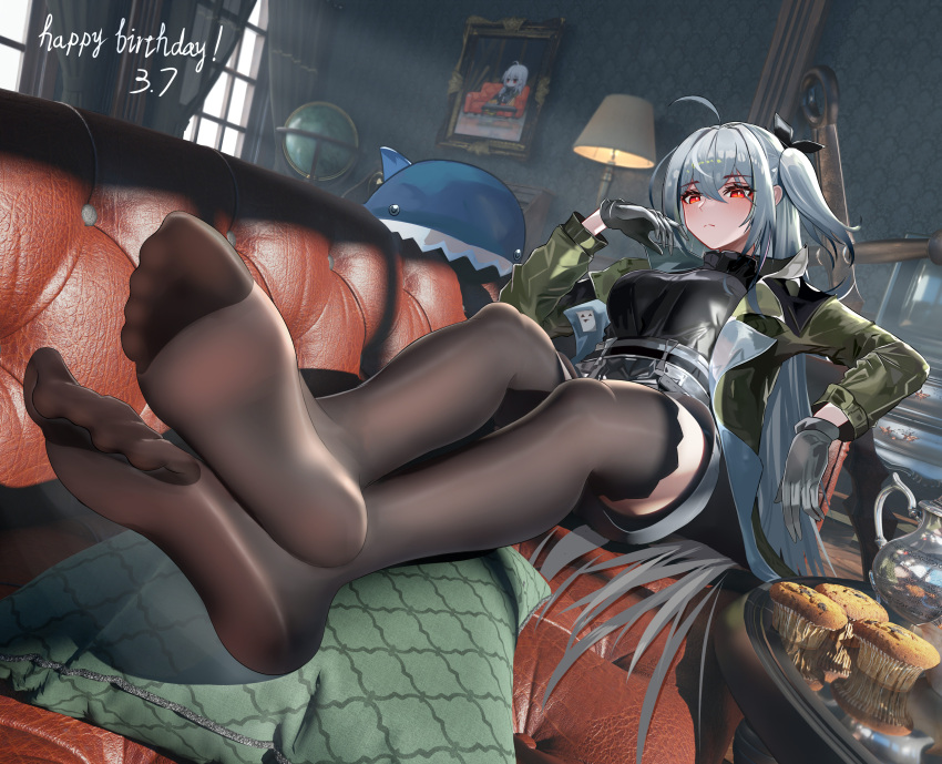 1girl absurdres ahoge arknights black_ribbon black_shirt black_thighhighs bm_(bm364364) breasts commentary_request dutch_angle food gloves green_jacket grey_gloves grey_hair hair_ribbon hand_up highres indoors jacket long_hair long_sleeves medium_breasts muffin official_alternate_costume one_side_up open_clothes open_jacket painting_(object) red_eyes ribbon shirt sitting skadi_(arknights) skadi_(the_next_afternoon_tea)_(arknights) solo thighhighs very_long_hair window