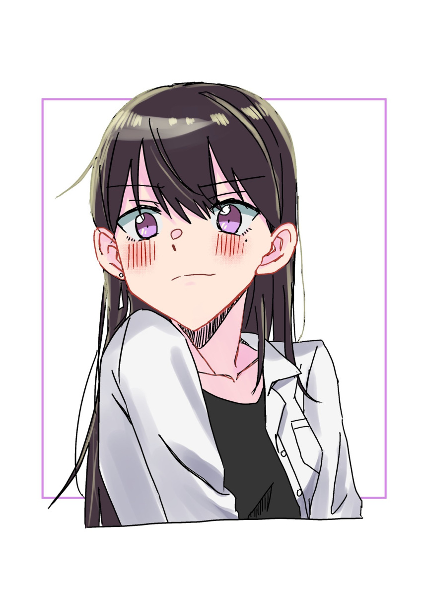 1girl bang_dream! bang_dream!_it's_mygo!!!!! black_shirt blush brown_hair closed_mouth commentary_request earrings gemini_0320 highres jewelry long_hair open_clothes open_shirt purple_eyes shiina_taki shirt simple_background smile solo white_background white_shirt
