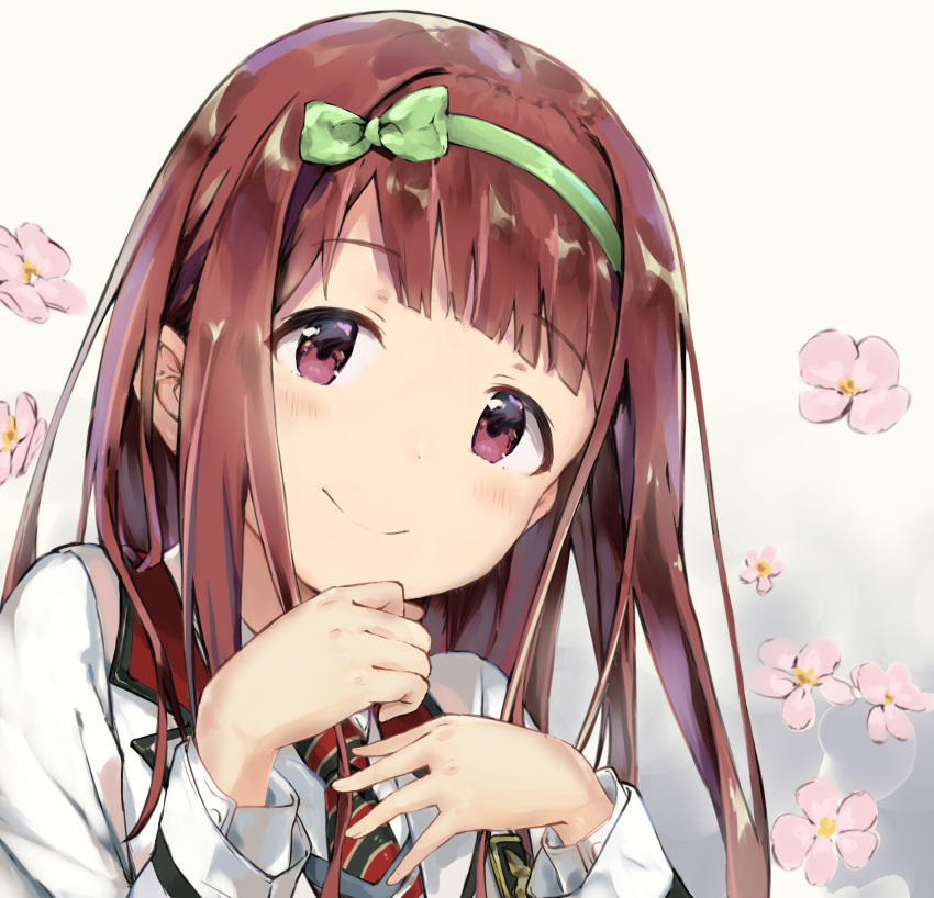 1girl blush breasts brown_eyes brown_hair closed_mouth dot_nose floral_background flower gradient_background green_hairband hairband hands_up highres idolmaster idolmaster_million_live! idolmaster_million_live!_theater_days jacket long_hair long_sleeves looking_at_viewer medium_breasts necktie pink_flower portrait rauto sidelocks smile solo striped_necktie tanaka_kotoha two-tone_background two-tone_necktie white_jacket