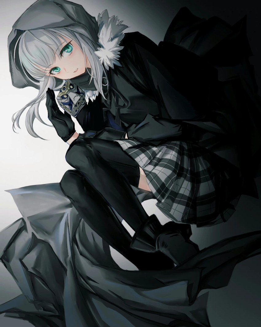 1girl black_footwear black_gloves black_skirt black_thighhighs cloak ddd_itsuki fate_(series) fur_trim gloves gray_(fate) green_eyes grey_background grey_hair grey_skirt hand_up highres holding hood hood_up long_hair long_sleeves looking_at_viewer lord_el-melloi_ii_case_files plaid plaid_skirt pleated_skirt shoes skirt solo teeth thighhighs