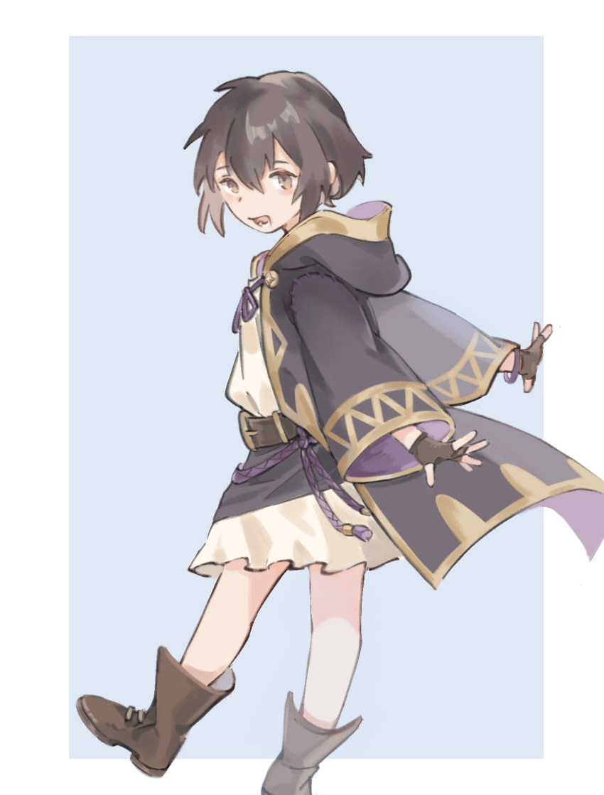 1girl belt black_hair black_robe boots dress fire_emblem fire_emblem_awakening fire_emblem_heroes gloves highres hood hooded_coat morgan_(female)_(fire_emblem) morgan_(fire_emblem) open_mouth purple_bracelet queqiansuzume robe robin_(female)_(child)_(fire_emblem)