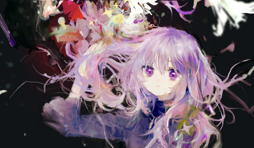 1girl abstract black_background floating_hair highres kazuka long_hair long_sleeves looking_at_viewer original purple_eyes purple_hair slit_pupils solo wide_sleeves