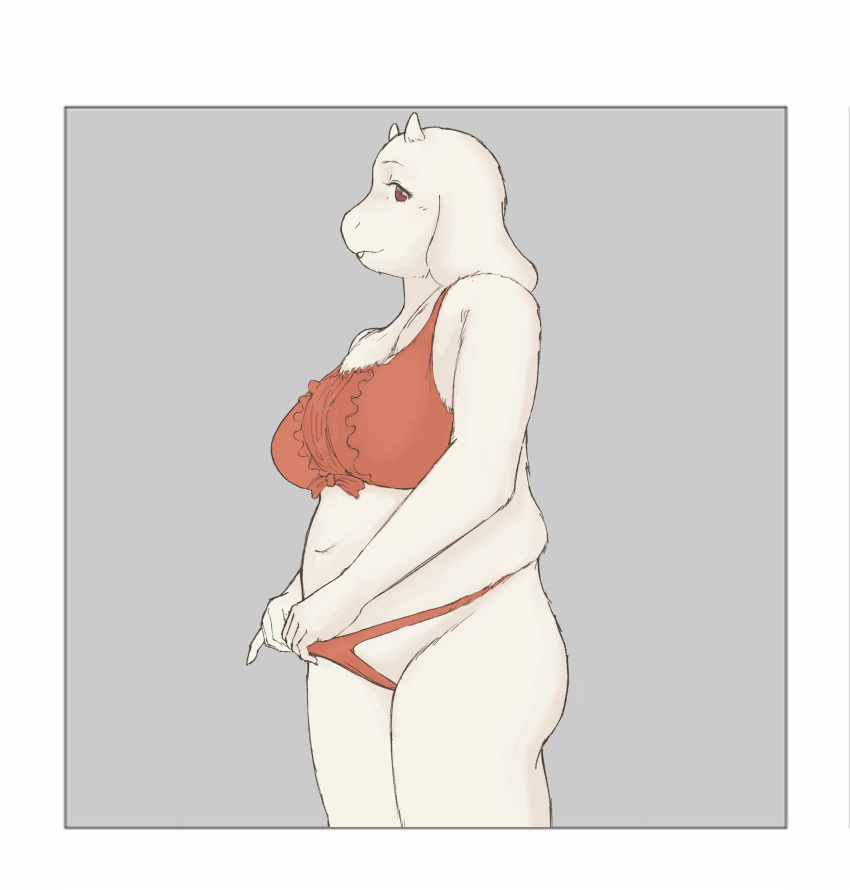 2023 anthro bikini bikini_pull boss_monster_(undertale) bovid caprine clothing clothing_pull female fur goat hi_res komm64 mammal red_bikini red_clothing red_eyes red_swimwear slightly_chubby slightly_chubby_female solo swimwear swimwear_pull toriel undertale_(series) white_body white_fur