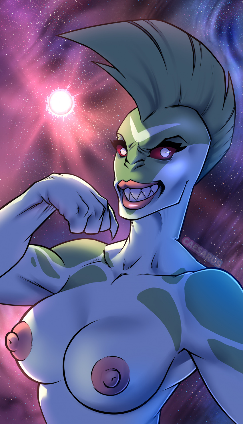 2024 absurd_res alien alien_humanoid areola artist_name athletic athletic_female athletic_humanoid big_breasts black_eyebrows breasts bust_portrait caesarus collarbone cosmic_background curved_eyebrows detailed_background digital_drawing_(artwork) digital_media_(artwork) eyebrows eyelashes female fingers fish glistening glistening_eyes glistening_lips green_body green_markings grin grinning_at_viewer hi_res humanoid humanoid_hands image_comics invincible_(comics) iris light_body lips looking_at_viewer marine markings mohawk multicolored_body muscular muscular_arms nipples nude nude_female nude_humanoid pink_areola pink_lips pink_nipples portrait puffy_areola puffy_nipples pupils shadow shark sharp_teeth small_pupils smile smiling_at_viewer solo starry_background teeth thick_eyelashes thick_lips thresha_(invincible) two_tone_body white_body white_breasts white_eyes