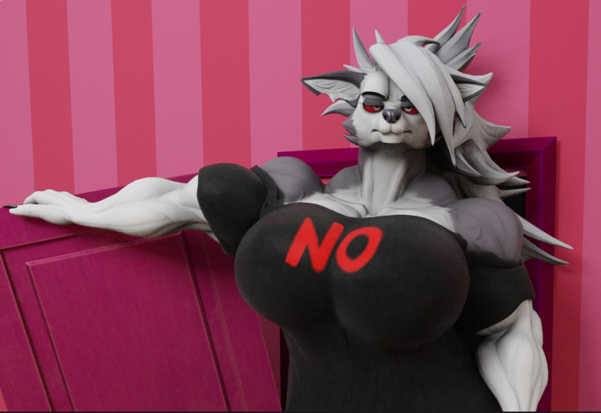 3d_(artwork) anthro big_breasts big_muscles black_claws black_clothing black_shirt black_topwear breasts canid canid_demon canine claws clothing demon digital_media_(artwork) female fur grey_body grey_fur hair hellhound helluva_boss long_hair loona_(helluva_boss) mammal multicolored_body multicolored_fur muscular muscular_anthro muscular_arms muscular_female mythological_canine mythological_creature mythology oleanderin red_eyes shirt solo topwear white_body white_fur white_hair