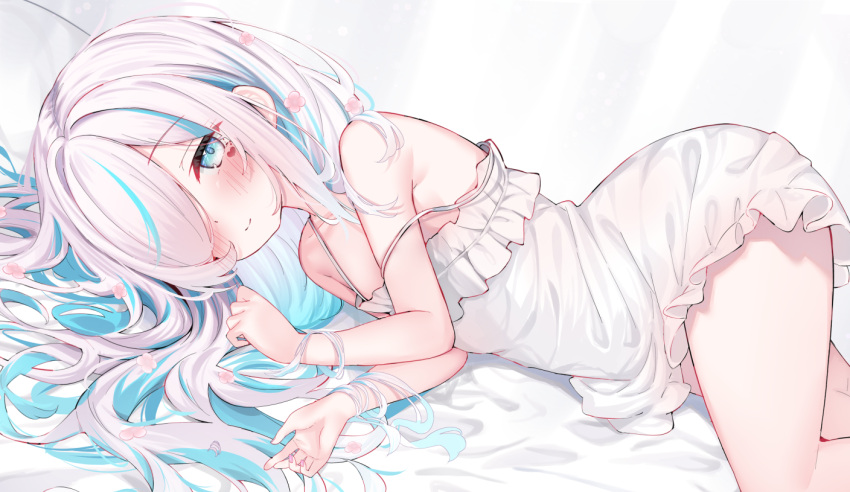 1girl aqua_hair bare_shoulders bed_sheet blue_eyes dress eip_(pepai) facial_mark frilled_dress frills grey_hair hair_ornament hair_over_one_eye heart heart_facial_mark ilu_fluor indie_virtual_youtuber long_hair looking_at_viewer lying multicolored_hair on_side simple_background sleeveless sleeveless_dress solo streaked_hair two-tone_hair virtual_youtuber white_dress