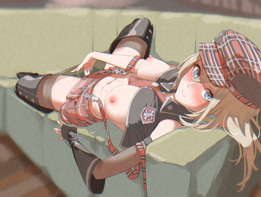 1girl black_pantyhose blonde_hair blush boots breasts character_request clothes_pull coach copyright_request hair_between_eyes highres long_hair lying masturbation necktie nipples on_back paniitaa pantyhose pantyhose_pull plaid plaid_headwear plaid_skirt pussy_juice skirt solo spread_legs