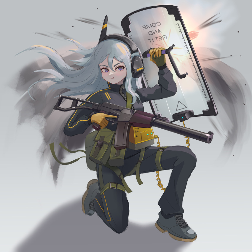 1girl absurdres ammunition_pouch as_val assault_rifle blue_hair clenched_teeth explosion folding_stock gloves gun headphones highres holding holding_gun holding_shield holding_weapon horns jacket kalashnikov_rifle klottinen light_blue_hair load_bearing_equipment long_hair long_sleeves magazine_(weapon) on_one_knee original pouch purple_eyes rifle shield shoes single_horn smoke sneakers solo sportswear strap tactical_clothes teeth thigh_strap trigger_discipline weapon yellow_gloves zipper