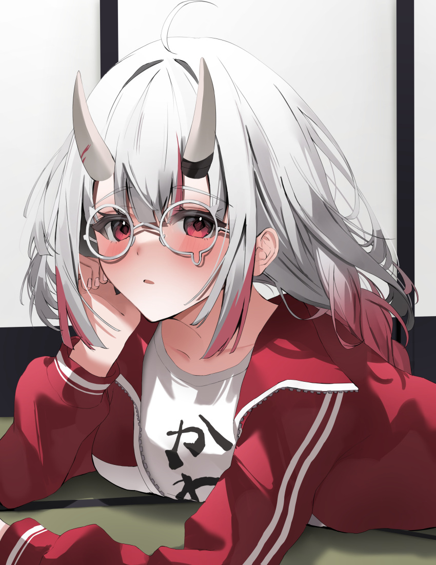 1girl absurdres ahoge blush glasses gradient_hair grey_hair head_rest highres hololive horns jacket kaede_nekoshima long_hair looking_at_viewer multicolored_hair nakiri_ayame nakiri_ayame_(off-work) oni red_hair red_jacket shirt solo streaked_hair teardrop-framed_glasses track_jacket virtual_youtuber white_shirt