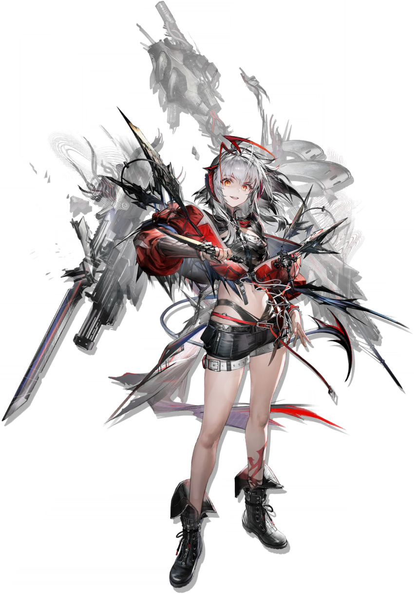 1girl :d antennae arknights bare_legs black_footwear black_shirt black_shorts boots crop_top full_body grey_hair highres horns jacket liduke long_sleeves looking_at_viewer midriff navel official_art open_mouth orange_eyes red_jacket shirt short_hair short_shorts shorts smile solo standing stomach thighs transparent_background w_(arknights) wis'adel_(arknights)