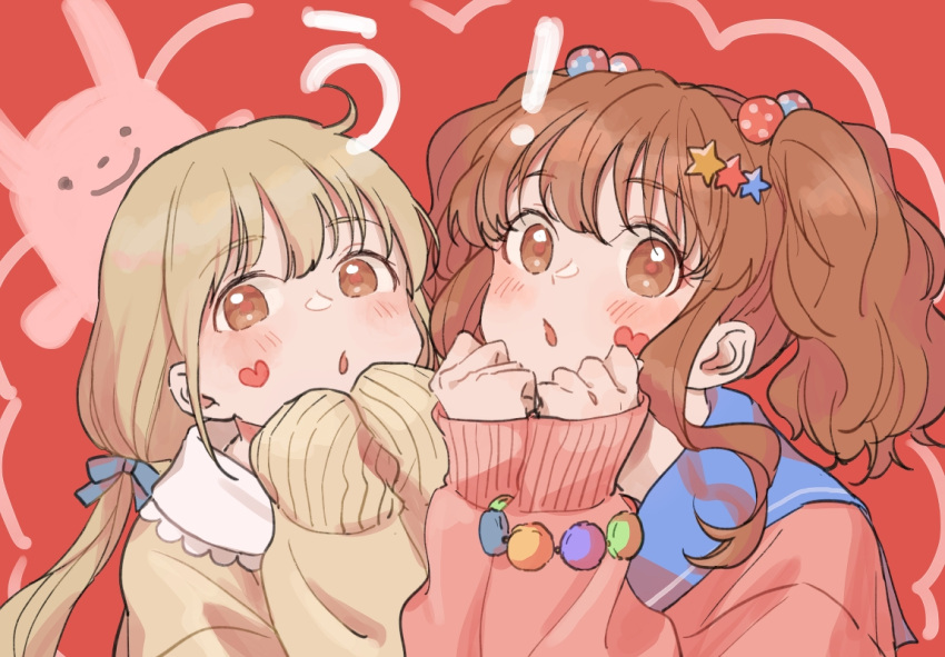 2girls :o beads blonde_hair blush cardigan chanosuke clenched_hands futaba_anzu hair_beads hair_ornament hair_ribbon heart_stickers idolmaster idolmaster_cinderella_girls long_hair looking_at_viewer moroboshi_kirari multiple_girls orange_hair red_cardigan ribbon school_uniform serafuku sidelocks star_(symbol) star_hair_ornament sticker_on_face stuffed_animal stuffed_rabbit stuffed_toy twintails upper_body yellow_cardigan