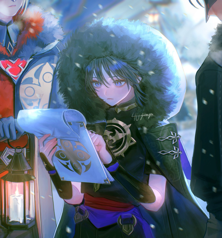 1boy 2others 4the2ofus armor artist_name belt black_coat black_hair black_shirt black_shorts blue_gloves blurry blurry_background branch candle closed_mouth coat commentary_request eyeshadow fatui_agent_(genshin_impact) fatui_pyro_agent_(genshin_impact) fur_trim genshin_impact gloves gold_necklace grey_hair hair_between_eyes hands_up highres holding holding_lantern hood hooded_coat japanese_armor jewelry kote kurokote lantern lapels long_sleeves looking_at_object makeup mandarin_collar mask mitsudomoe_(shape) multiple_others necklace official_alternate_costume open_clothes open_coat outdoors purple_eyes red_belt red_eyeshadow scaramouche_(genshin_impact) shirt short_hair shorts snow snowing standing tomoe_(symbol) white_coat winter winter_clothes