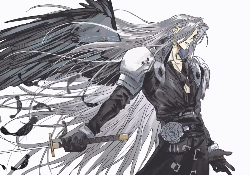 1boy armor belt black_coat black_feathers black_gloves chest_strap coat collarbone commentary falling_feathers feathered_wings feathers final_fantasy final_fantasy_vii final_fantasy_vii_rebirth final_fantasy_vii_remake floating_hair gloves grey_hair holding holding_sword holding_weapon long_hair long_sleeves male_focus masamune_(ff7) moyanwxy parted_bangs parted_lips sephiroth shoulder_armor single_wing solo sword upper_body very_long_hair weapon wings