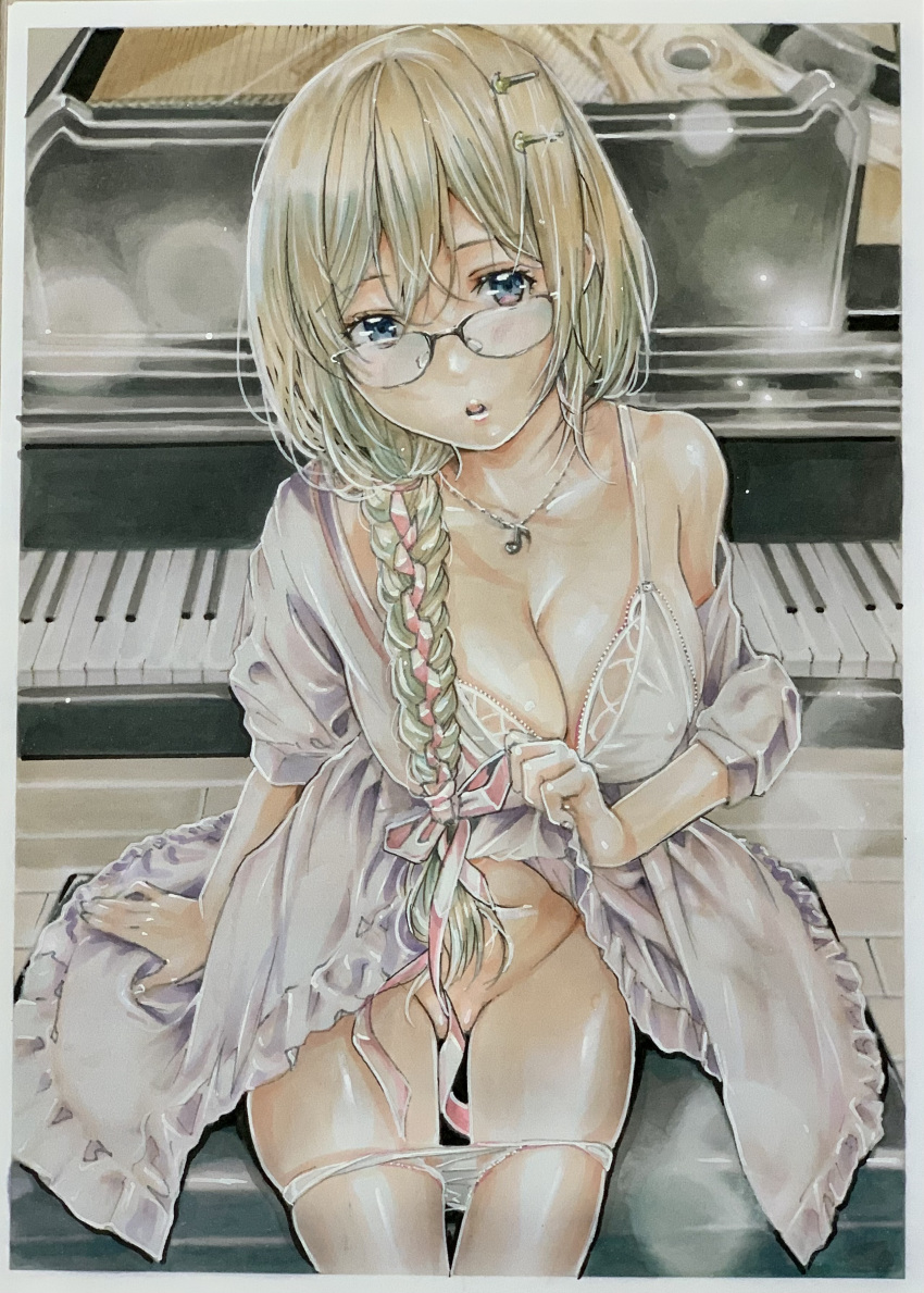 1girl absurdres babydoll blonde_hair braid breasts cleavage collarbone covered_nipples glasses hair_ornament hair_ribbon hairclip highres instrument jewelry katsu_(24791909) long_hair looking_at_viewer marker_(medium) medium_breasts musical_note_necklace necklace original panties panty_pull piano pink_ribbon ribbon single_off_shoulder sitting solo thighs traditional_media underwear white_babydoll white_panties