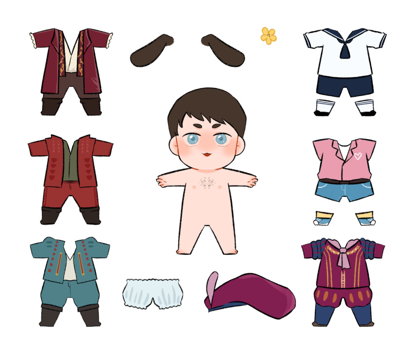 1boy :3 alternate_costume beret bloomers blue_eyes blue_sailor_collar brown_hair chibi completely_nude flower full_body hat highres julian_alfred_pankratz male_focus nude paper_doll pickleforstony sailor_collar sailor_shirt shirt short_hair shorts simple_background smile solo sparse_chest_hair t-pose the_witcher_(netflix) the_witcher_(series) white_background white_bloomers yellow_flower