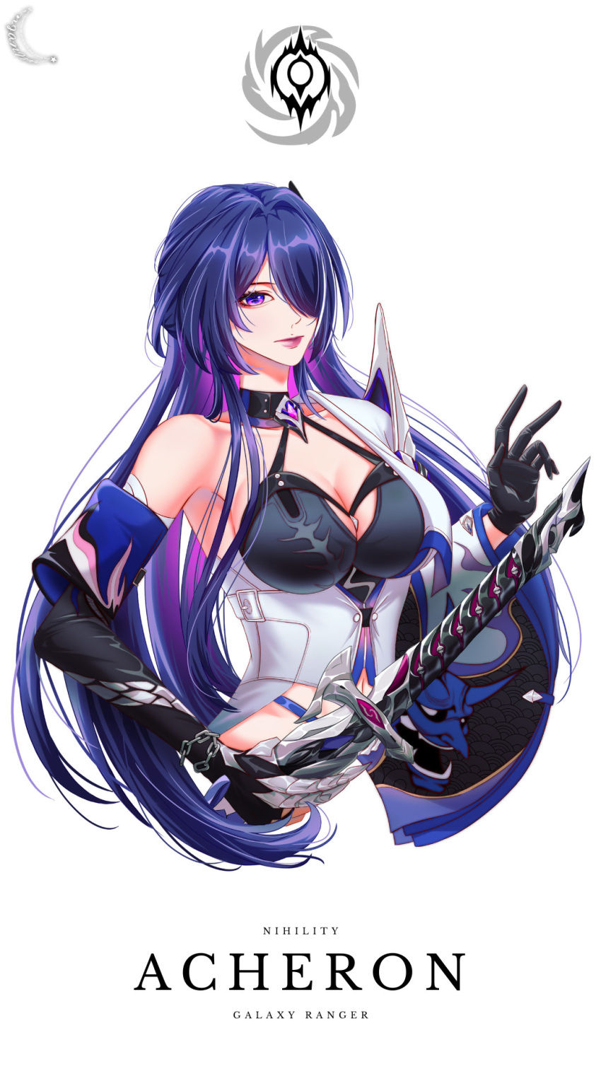 1girl acheron_(honkai:_star_rail) anjanime artist_name bandaged_arm bandages black_choker black_gloves breasts chain chain_around_arm character_name choker cleavage closed_mouth coat criss-cross_halter detached_sleeves english_text gloves hair_ornament hair_over_one_eye halterneck highres holding holding_sword holding_weapon honkai:_star_rail honkai_(series) katana large_breasts logo long_hair midriff navel pink_lips purple_eyes purple_hair scabbard sheath sheathed simple_background single_bare_shoulder single_detached_sleeve solo sword upper_body very_long_hair weapon white_background white_coat