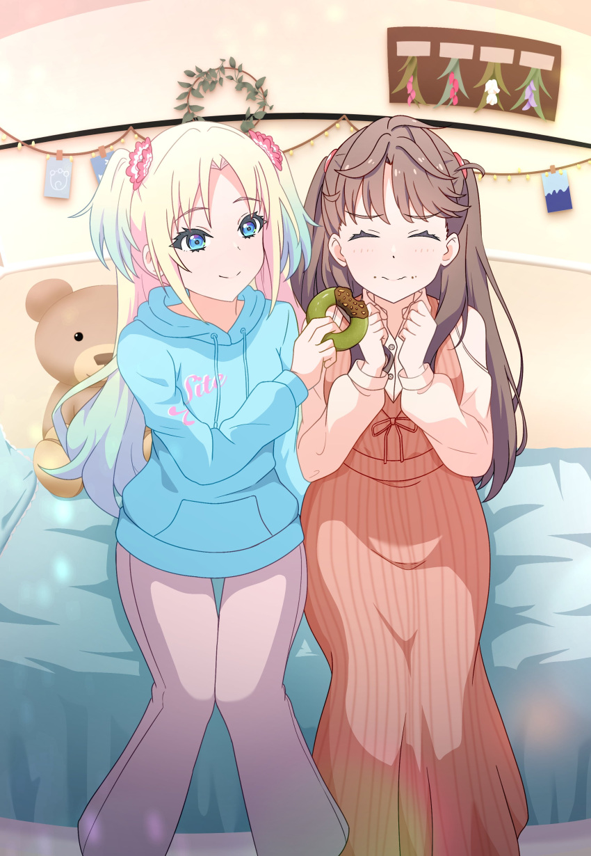 2girls absurdres bedroom blonde_hair blue_eyes blue_hair blue_hoodie brown_dress brown_hair clenched_hands closed_eyes closed_mouth clothes_writing clothing_cutout collared_shirt commentary_request dress dress_shirt feeding feet_out_of_frame fisheye flower food fujishima_megumi gradient_hair grey_pants hair_flower hair_ornament highres hoenn_(jgm1102) holding holding_doughnut holding_food hood hoodie indoors light_blue_hair link!_like!_love_live! long_hair looking_at_another love_live! mira-cra_park! multicolored_hair multiple_girls on_bed osawa_rurino pants parted_bangs pinafore_dress pink_flower shirt shoulder_cutout sitting sleeveless sleeveless_dress smile split_mouth stuffed_animal stuffed_toy sweater sweater_dress teddy_bear twintails two_side_up virtual_youtuber white_flower white_shirt