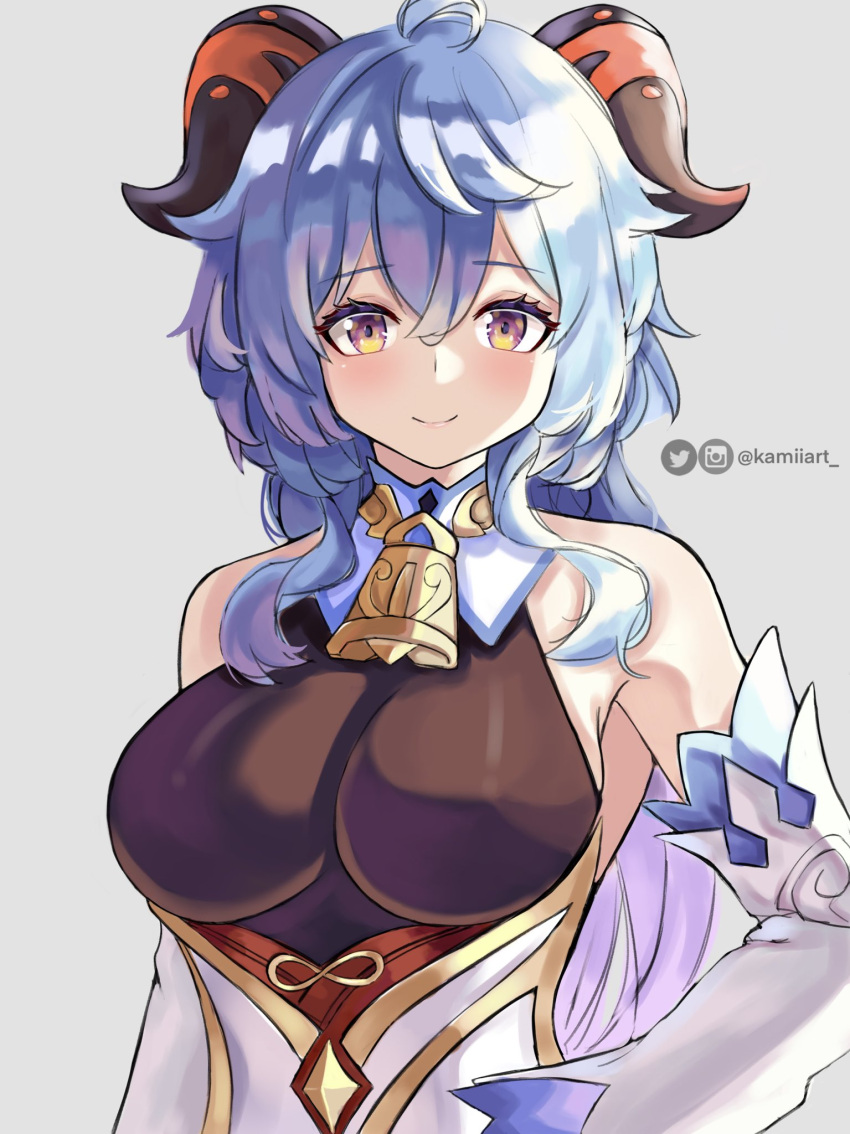 1girl ahoge artist_name bell blue_hair blush bow breasts chinese_clothes chinese_knot closed_mouth cowbell detached_sleeves genshin_impact goat_horns gold_trim highres horns instagram_logo instagram_username kamiiart leotard leotard_under_clothes long_hair looking_at_viewer medium_breasts neck_bell red_bow smile twitter_logo twitter_username very_long_hair