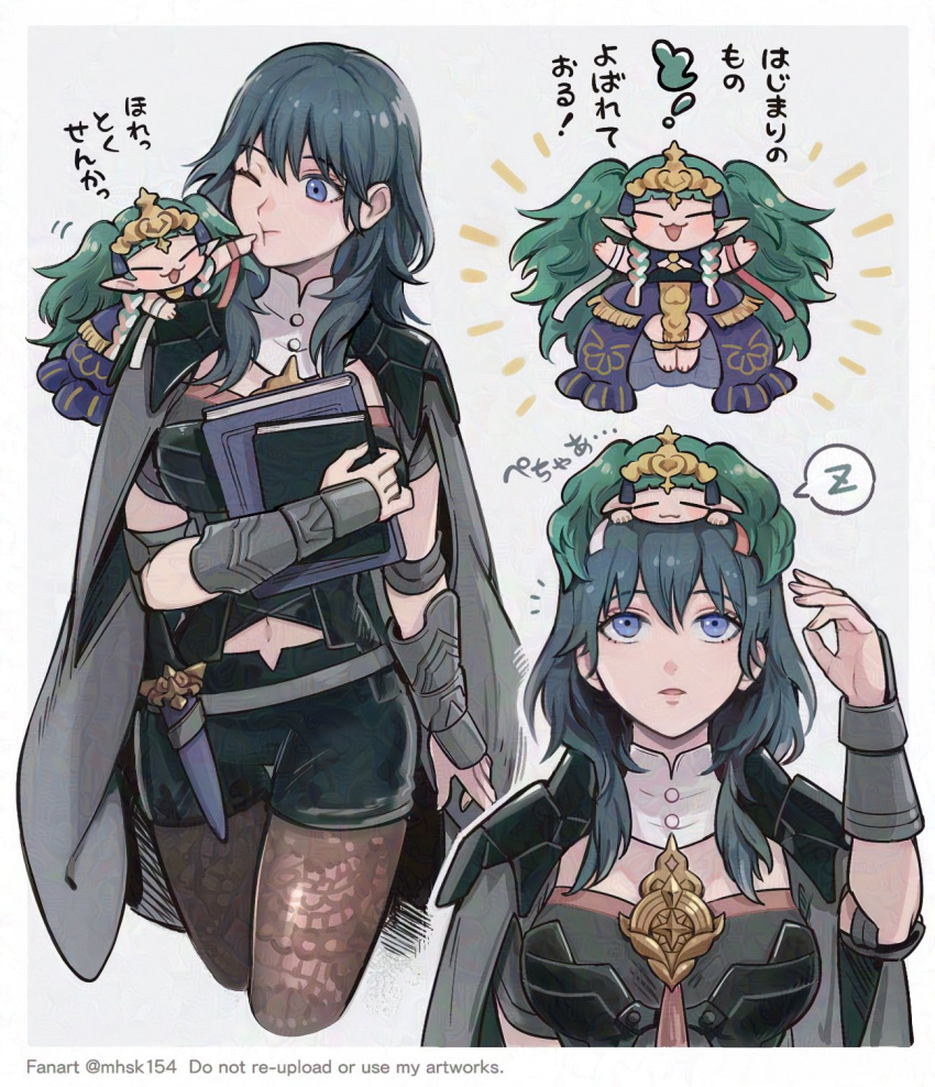 2girls black_shorts blue_hair blunt_bangs book byleth_(female)_(fire_emblem) byleth_(fire_emblem) cape cheek_poking dress fire_emblem fire_emblem:_three_houses green_hair hair_between_eyes highres holding holding_book long_hair mhsk154 multiple_girls multiple_views navel pointy_ears poking purple_dress purple_eyes shorts sothis_(fire_emblem) spoken_zzz translation_request very_long_hair zzz