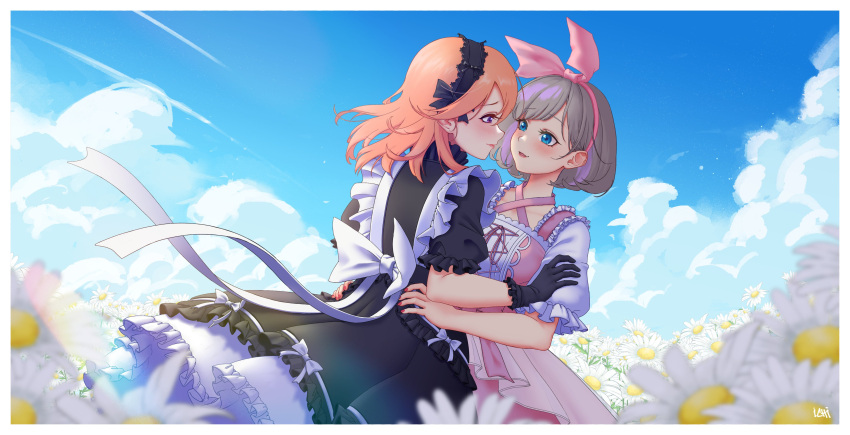2girls absurdres apron artist_name black_dress black_gloves black_hairband blue_eyes blue_sky bow_hairband closed_mouth cloud day dress eye_contact flower gloves grey_hair hairband hand_on_another's_arm hands_on_another's_waist highres hug ichi_(bttrfl1es) long_hair looking_at_another love_live! love_live!_superstar!! maid maid_apron meadow multicolored_hair multiple_girls orange_hair outdoors pink_dress pink_hair pink_hairband purple_eyes red_nails shibuya_kanon short_hair short_sleeves sky smile streaked_hair tang_keke white_apron white_flower yuri