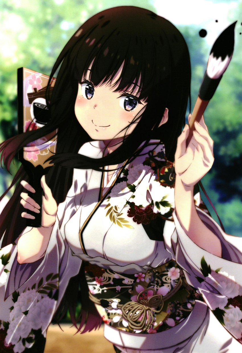 1girl black_hair blue_eyes blush breasts closed_mouth floral_print_kimono highres inoue_takina izumi_mahiru japanese_clothes kimono long_hair looking_at_viewer lycoris_recoil medium_breasts non-web_source outdoors paintbrush sky smile solo yukata