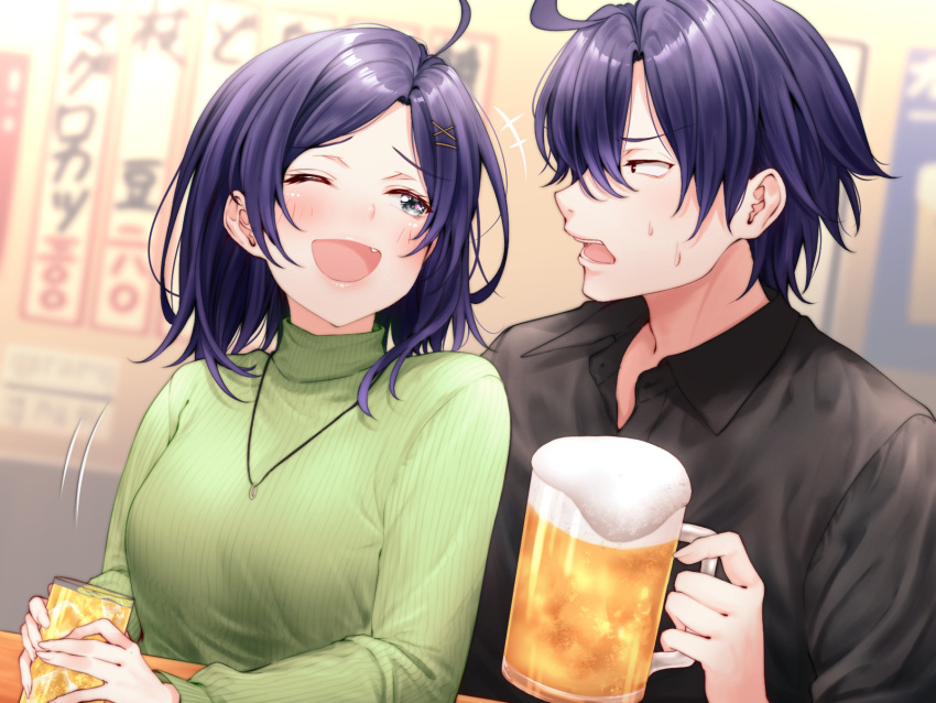 1boy 1girl aged_up ahoge bar_(place) beer_mug black_shirt blue_hair blush brother_and_sister collared_shirt cup dark_blue_hair drunk fang green_sweater grey_eyes hair_ornament highres hikigaya_hachiman hikigaya_komachi holding holding_cup indoors jewelry long_sleeves looking_at_another menu_board mug necklace one_eye_closed open_mouth parted_bangs profile red_hayao ribbed_sweater shirt short_hair siblings sweat sweater turtleneck turtleneck_sweater upper_body x_hair_ornament yahari_ore_no_seishun_lovecome_wa_machigatteiru.