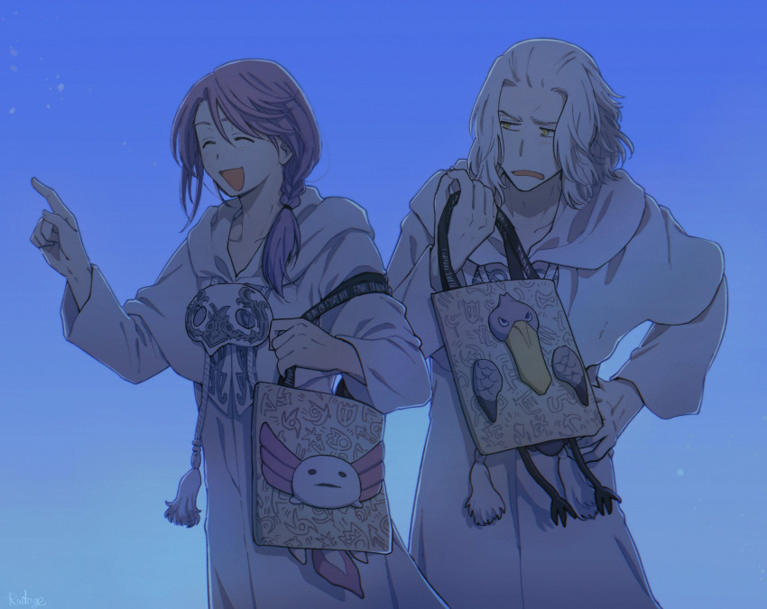 2boys ^_^ axolotl bag bird blue_sky braid capelet clear_sky closed_eyes collarbone cowboy_shot day drawstring emet-selch final_fantasy final_fantasy_xiv hand_on_own_hip highres holding holding_bag holding_strap hood hood_down hooded_capelet hythlodaeus index_finger_raised male_focus mask mask_around_neck medium_hair multiple_boys open_mouth outdoors pointing purple_hair radoge14 robe shoebill short_hair side_braid single_braid sky smile sophist's_robe_(ff14) standing tassel tote_bag unworn_mask white_capelet white_hair white_robe yellow_eyes