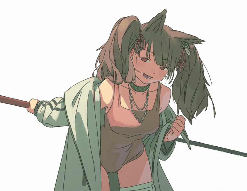 1girl angelina_(arknights) angelina_(summer_flower)_(arknights) animal_ear_piercing animal_ears arknights ass_visible_through_thighs blush breasts bright_pupils brown_hair clenched_hand coat collarbone cowboy_shot extra_ears fox_ears holding holding_staff infection_monitor_(arknights) jewelry jiankun_yu leaning_forward long_hair looking_at_viewer lower_teeth_only necklace off_shoulder official_alternate_costume one-piece_swimsuit open_clothes open_coat red_eyes red_one-piece_swimsuit simple_background solo staff swimsuit teeth twintails weapon_behind_back white_background white_coat