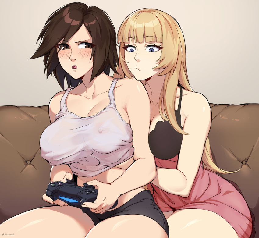 2girls allen_skies bare_shoulders blush breasts brown_eyes brown_hair cleavage controller game_controller gamepad grabbing grabbing_another's_breast grabbing_from_behind groping hand_under_clothes highres holding holding_controller holding_game_controller kazama_asuka large_breasts lili_(tekken) long_hair molestation multiple_girls navel nipple_stimulation nipple_tweak nipples open_mouth playstation_controller short_hair tank_top tekken tomboy yuri