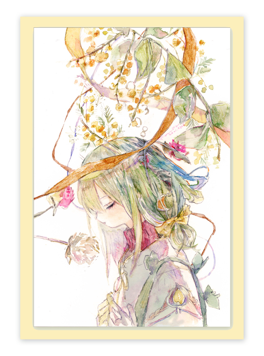 1girl absurdres border closed_eyes flower from_side green_hair hair_ribbon highres kazuka long_hair original painting_(medium) plant ribbon solo sweater traditional_media turtleneck turtleneck_sweater upper_body watercolor_(medium) white_background