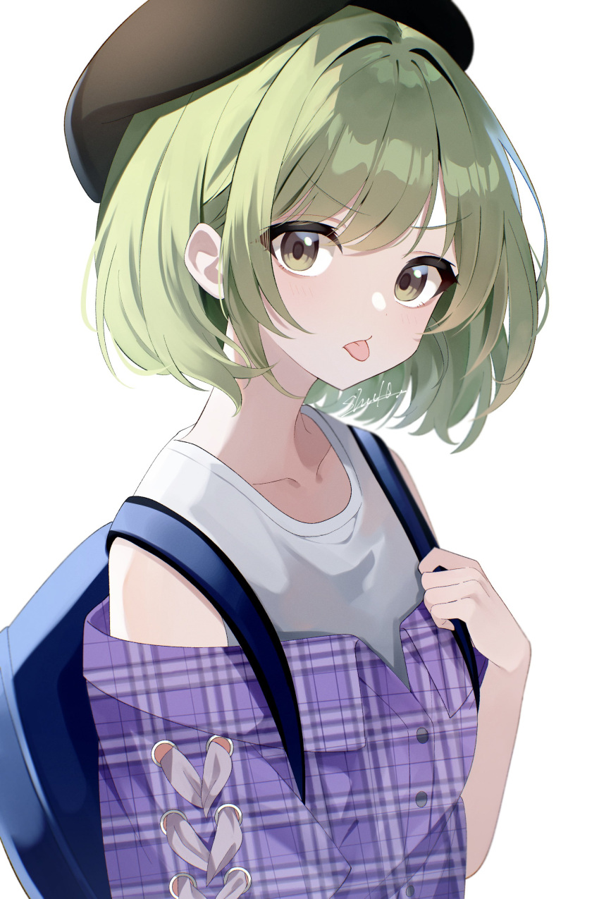 1girl :p absurdres backpack bag blue_bag blush collarbone green_eyes green_hair highres idolmaster idolmaster_shiny_colors looking_at_viewer nanakusa_nichika plaid plaid_shirt purple_shirt shirt short_hair shu10 simple_background solo tank_top tongue tongue_out upper_body v-shaped_eyebrows white_background white_tank_top