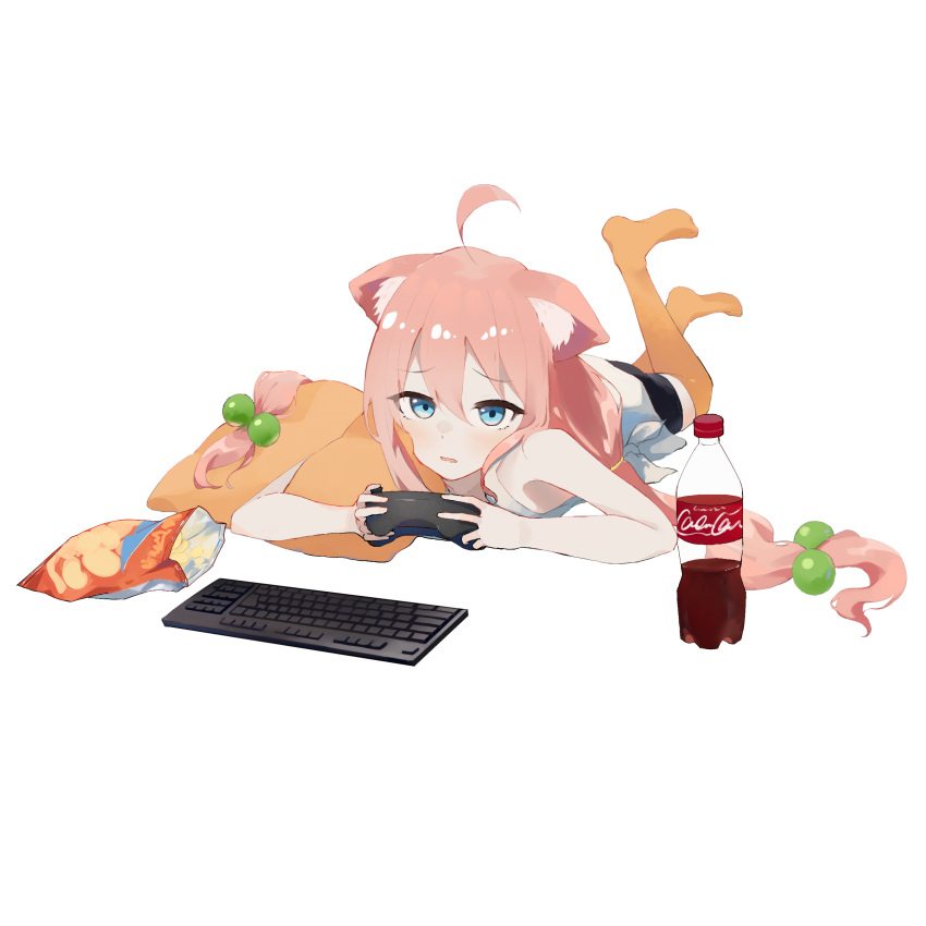 1girl absurdres ahoge animal_ear_fluff animal_ears bare_arms bare_shoulders black_shorts blue_eyes cat_ears chips_(food) coca-cola commentary_request controller dot_nose double-parted_bangs feet_up food furrowed_brow game_controller hair_between_eyes hair_over_shoulder highres hinata_channel holding holding_controller holding_game_controller keyboard_(computer) kurobeko_(kur0bek0) light_blush long_hair low_twintails lying nekomiya_hinata on_stomach orange_thighhighs parted_lips pillow pink_hair potato_chips raised_eyebrows shirt shorts side-tie_shirt sidelocks simple_background sleeveless sleeveless_shirt soda_bottle solo the_pose thick_eyelashes thighhighs twintails v-shaped_eyebrows very_long_hair virtual_youtuber white_background white_shirt