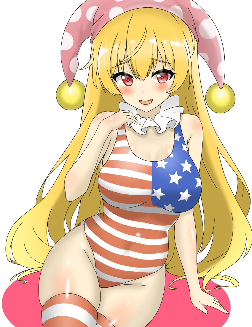 1girl absurdres american_flag_swimsuit breasts clownpiece commentary_request groin hat highres jester_cap large_breasts looking_at_viewer one-piece_swimsuit open_mouth polka_dot_headwear red_eyes school_swimsuit shirokumall simple_background solo swimsuit thighhighs touhou white_background
