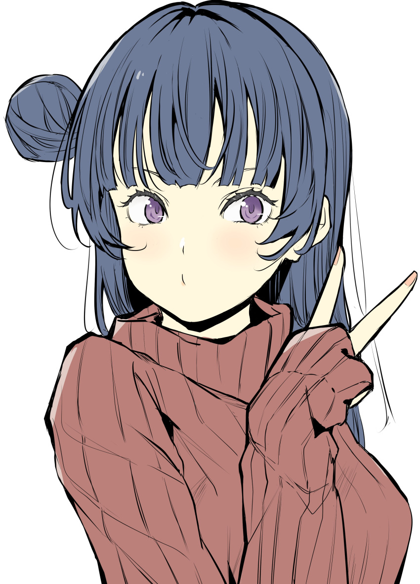 1girl absurdres blue_hair blunt_bangs breasts commentary_request hair_bun highres inward_v long_hair long_sleeves looking_at_viewer love_live! love_live!_sunshine!! medium_breasts purple_eyes red_sweater sidelocks single_side_bun sleeves_past_wrists solo sweater tommer tsushima_yoshiko turtleneck turtleneck_sweater upper_body white_background