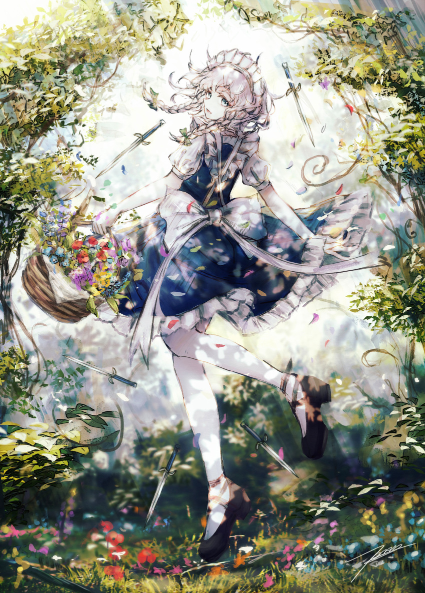 1girl absurdres basket black_footwear blue_skirt blue_vest bow braid flower grass grey_eyes hair_bow highres holding holding_basket izayoi_sakuya knife maid maid_headdress outdoors pantyhose puffy_short_sleeves puffy_sleeves shirt short_sleeves skirt solo tonan_(l0l0l0l0l0l) touhou twin_braids vest white_hair white_pantyhose white_shirt